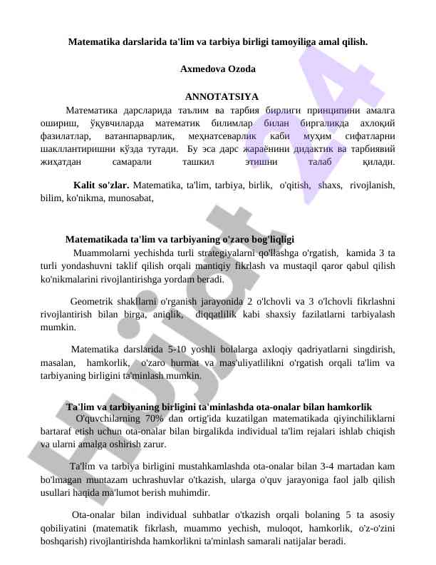 Matematika darslarida ta'lim va tarbiya prinsiplari