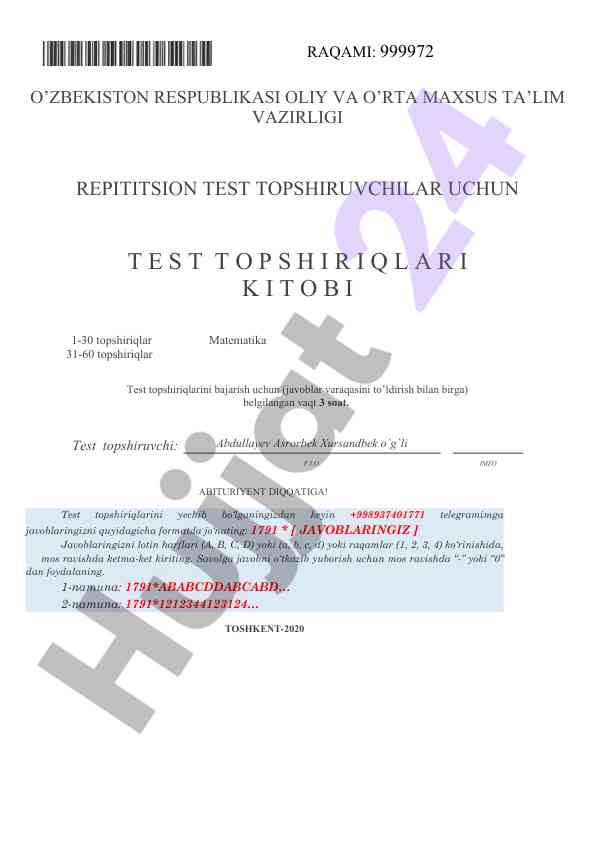 Matematika test topshiriqlari 1-30 va 31-60