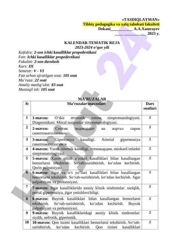 Ichki kasalliklar propedevtikasi kafedrasi rejasi