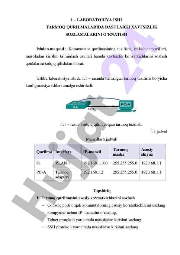 Laboratoriya ishida tarmoq qurilmalarida xavfsizlik