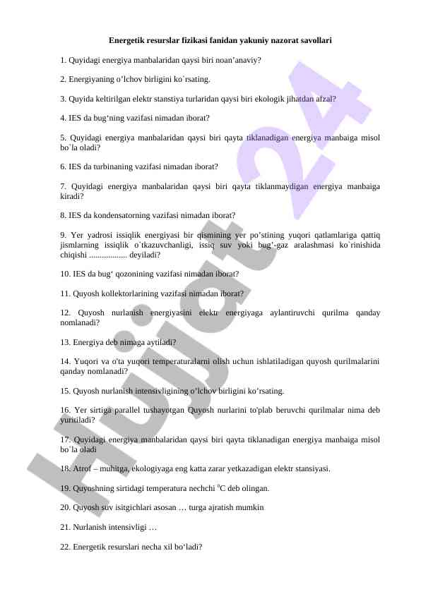 Energetik Resurslar Fizikasi Yakuniy Nazorat Savollari