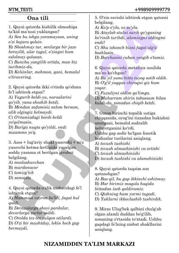 Olmoshlar va fe’llarning izohli testi