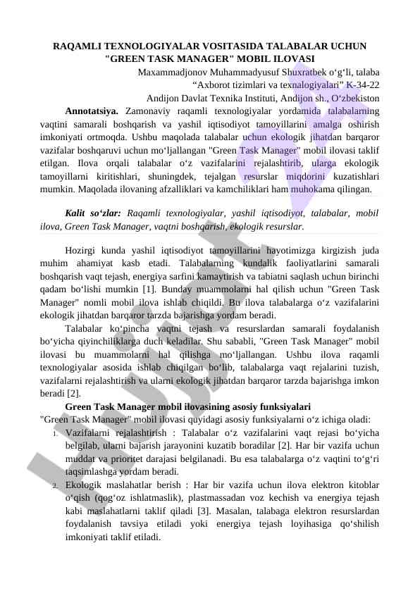Green task manager mobil ilovasi talabalar uchun