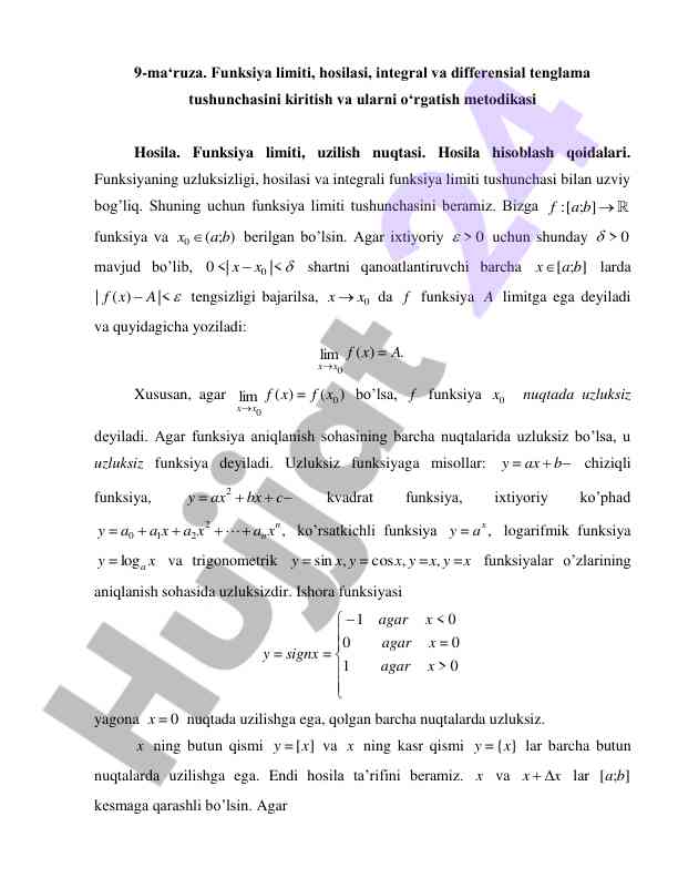 Funksiya limiti va hosilasi o‘qitish metodikasi