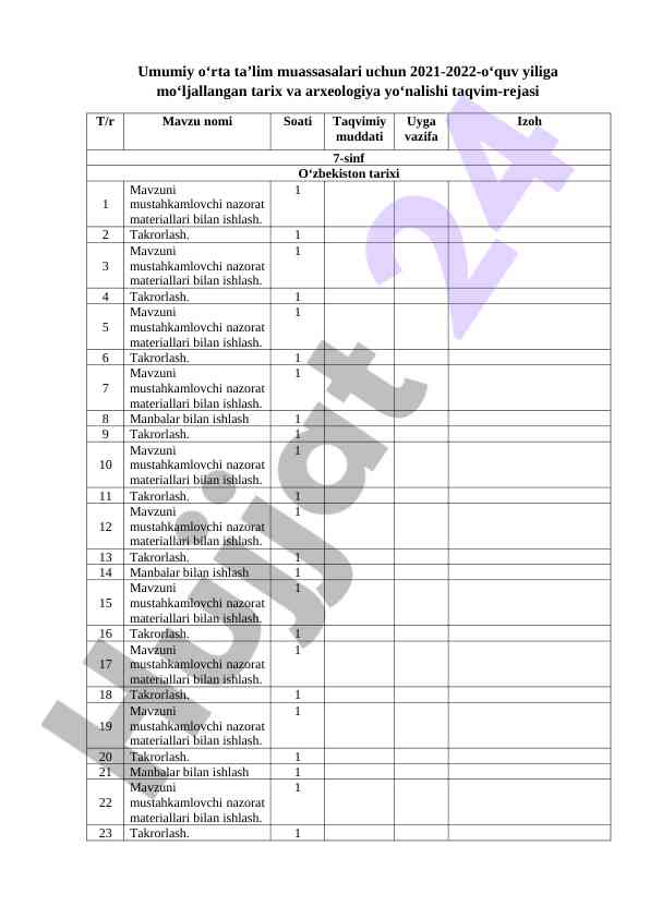Tarix va arxeologiya yonalishi taqvim-rejasi 2021-2022