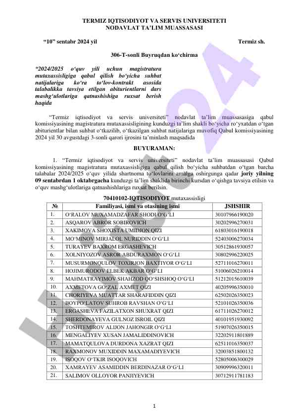 Magistratura qabul suhbat natijalari bo‘yicha tavsiyalar