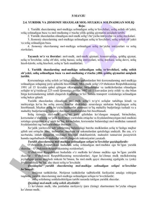 Yuridik va jismoniy shaxslar mol-mulk soliqlari