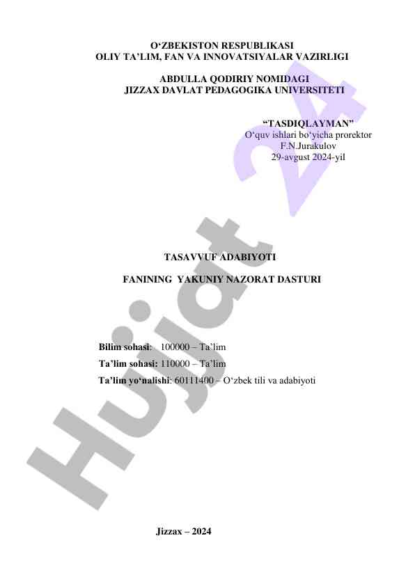 Tasavvuf adabiyoti fanining nazorat dasturi 2024