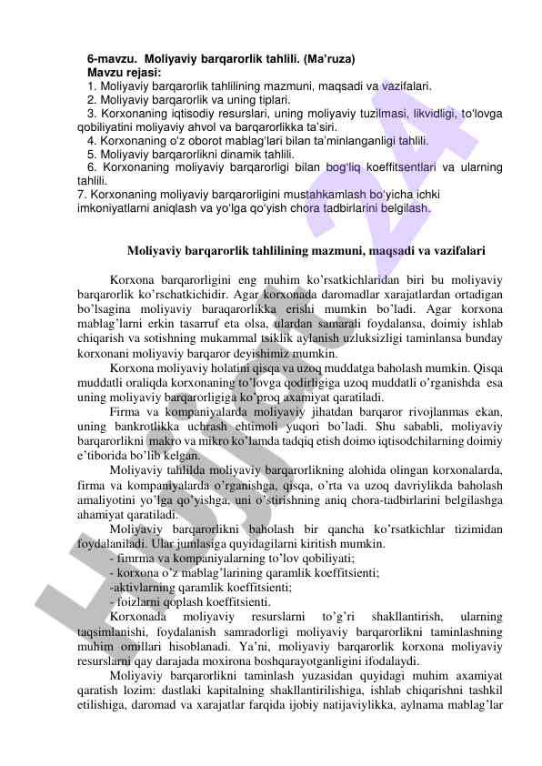 Moliyaviy barqarorlik tahlili mavzusi
