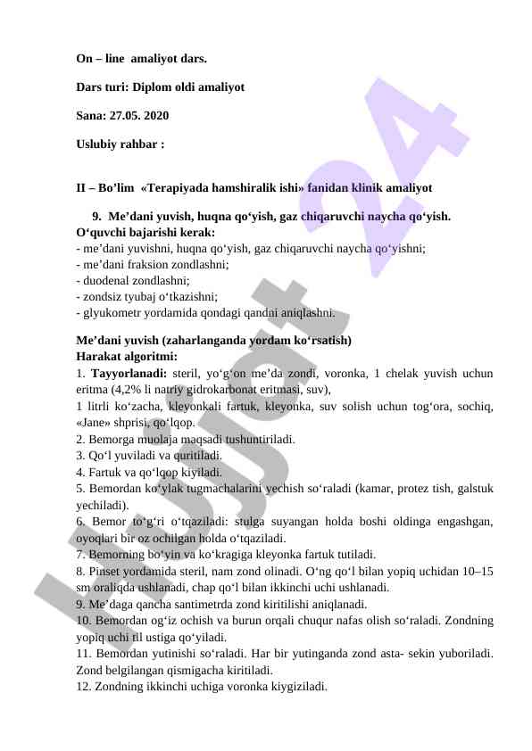 Klinik amaliyot dars va me'dani yuvish usullari