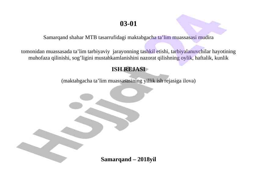 Maktabgacha ta'lim jarayoniga oylik ish rejasi