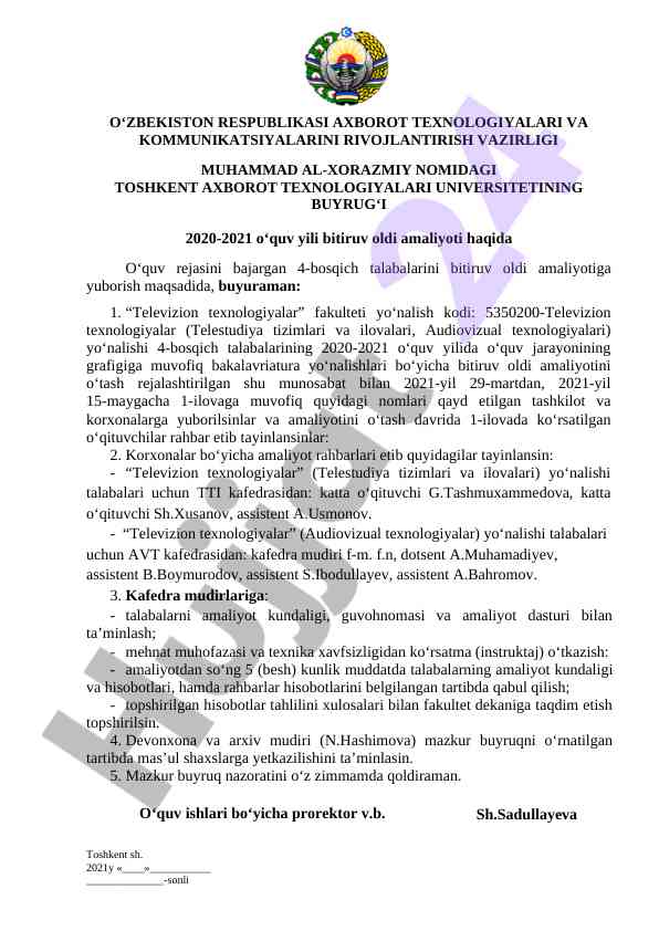 Televizion texnologiyalar fakulteti bitiruv oldi amaliyoti