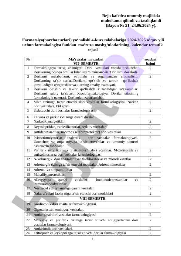 Kalendar tematik rejasi farmakologiya fanidan