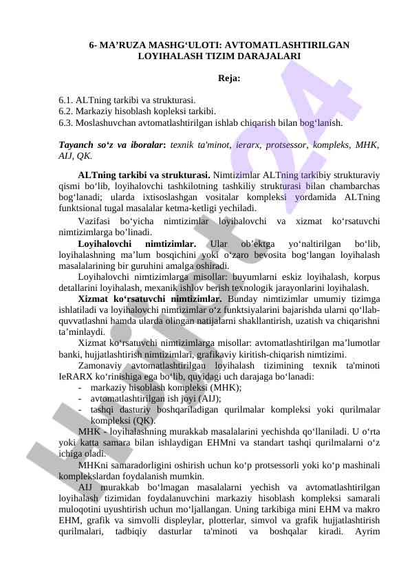 Avtomatlashtirilgan loyiha tizimlari dars ishlanmasi