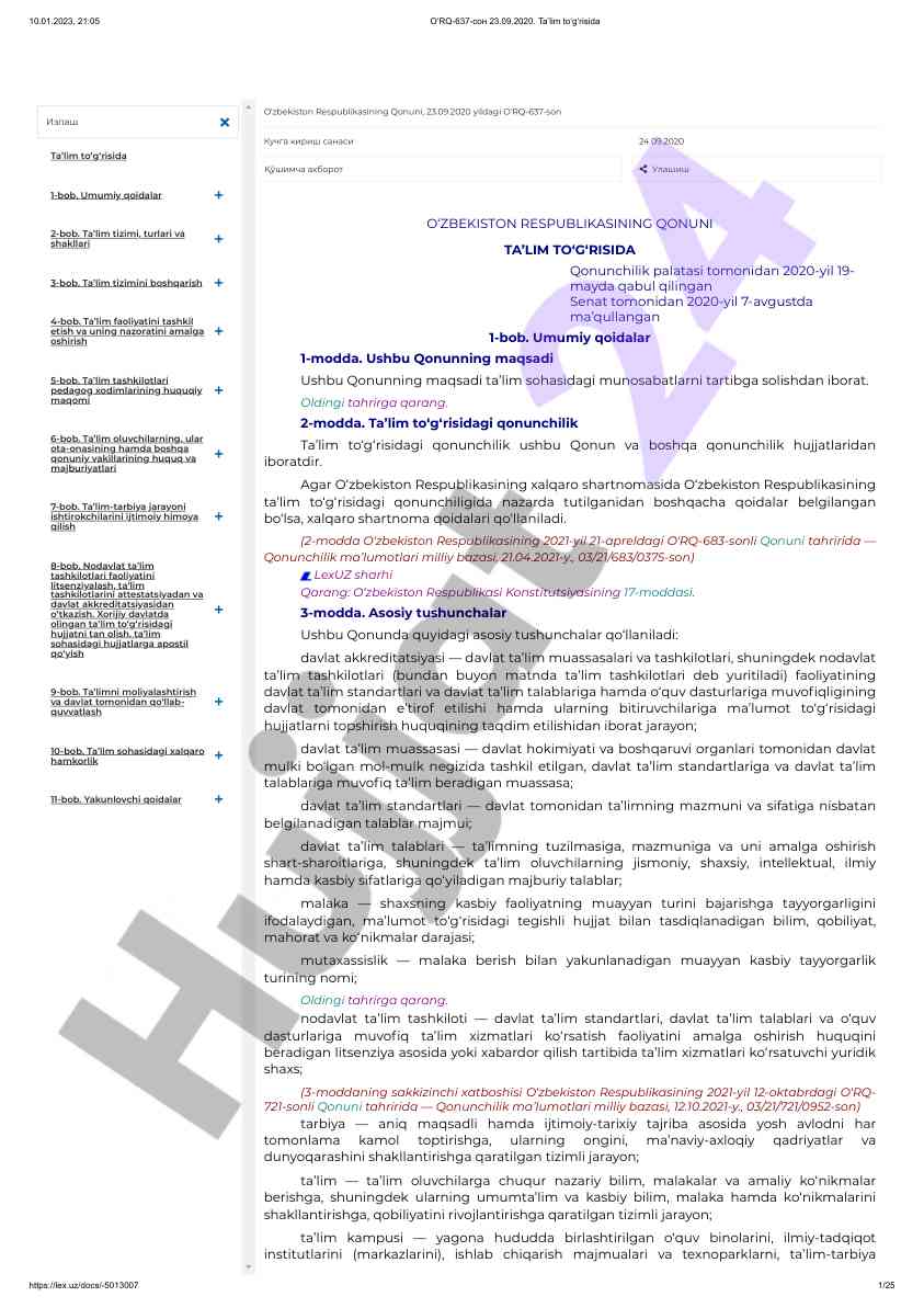 O‘zbekiston respublikasi ta’lim to‘g‘risida qonun