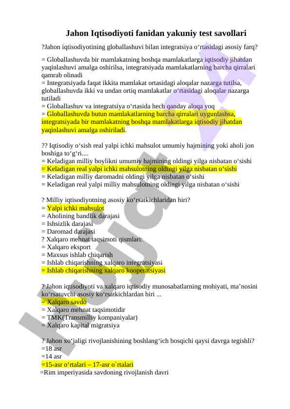 Jahon iqtisodiyoti fanidan yakuniy test savollari