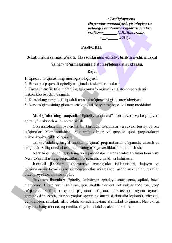Hayvonlar epiteliy to'qimalarining gistomorfologiyasi
