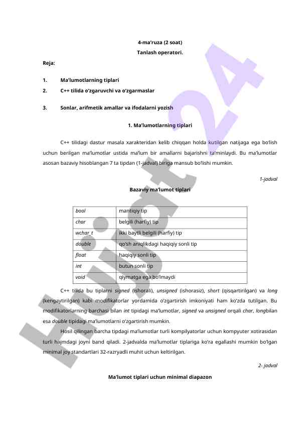 C++ tilida ma’lumotlarning tiplari va operatorlar
