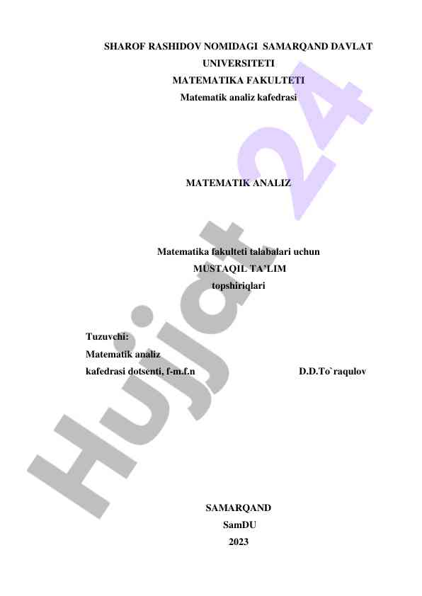Matematik analiz bo‘yicha mustaqil ta’lim topsiriqlari