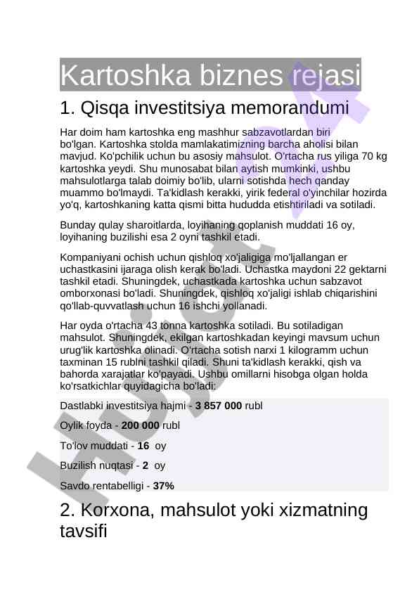 Kartoshka biznes rejasi va investitsiya memorandumi
