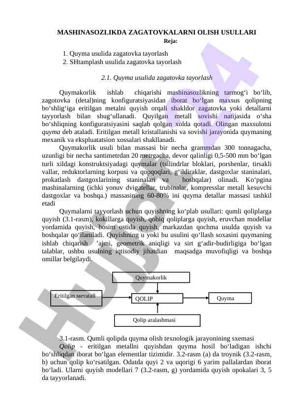 Mashinasozlikda zagatovkalarni olish usullari