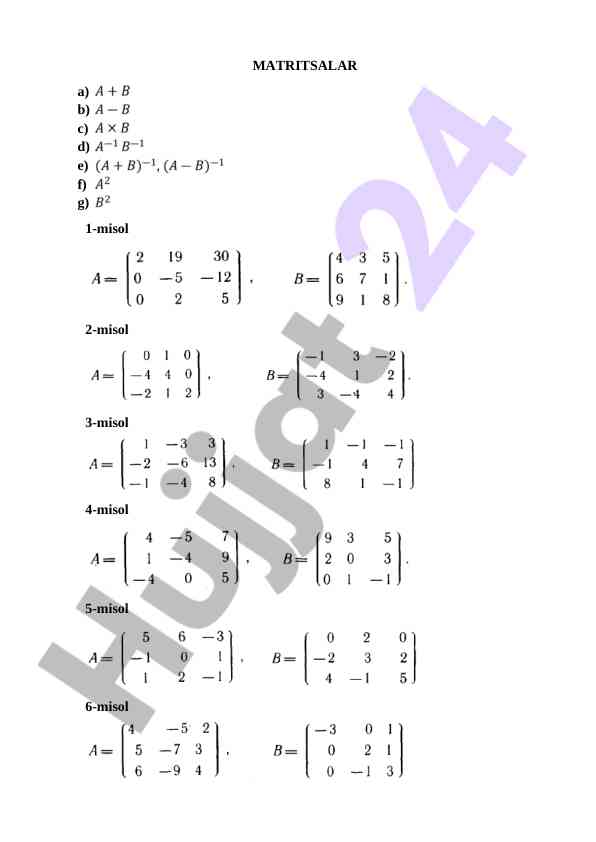 Matritsalar bo'yicha test savollari