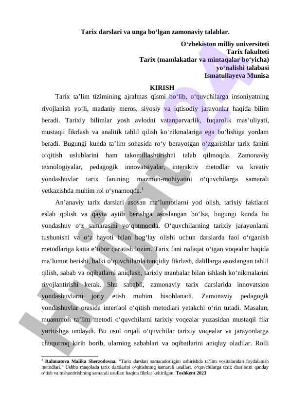 Tarix darslarida zamonaviy talablar va yondashuvlar