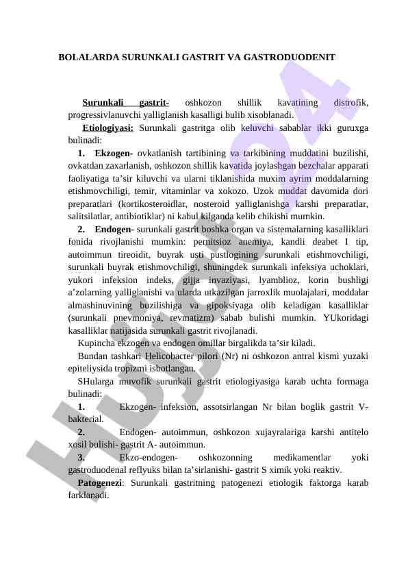 Bolalarda surunkali gastrit va gastroduodenit tahlili
