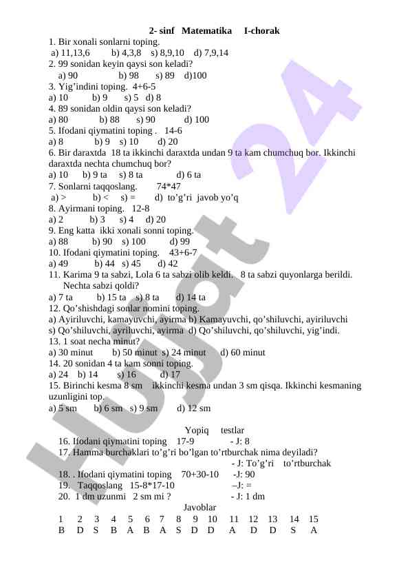 2-sinf matematikasi test savollari