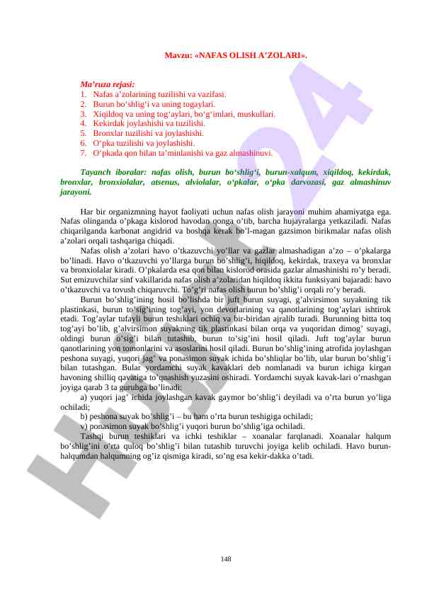 Nafas olish a’zolari tuzilishi va vazifalari