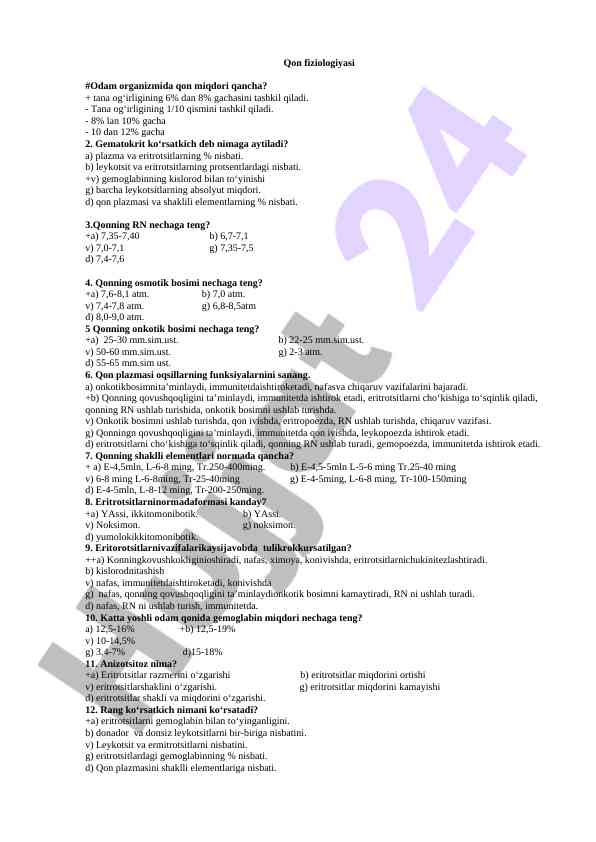 Qon fiziologiyasi va oksidlanish ko‘rsatkichlari