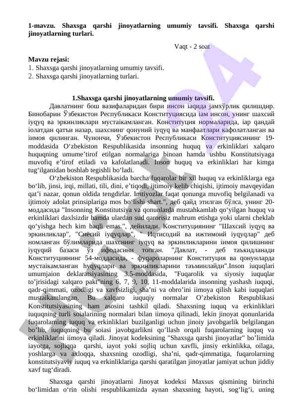 Shaxsga qarshi jinoyatlarning umumiy tavsifi