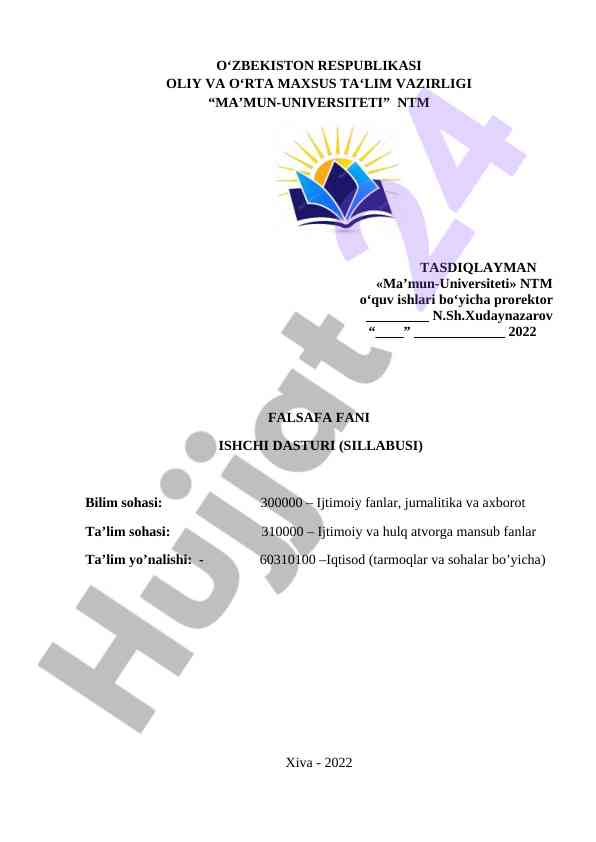 Falsafa fani ishchi dasturi sillabusi 2022