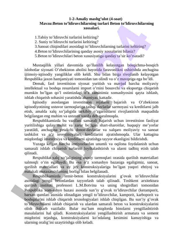 Beton To‘ldiruvchilarning Turlari Va Xossalari