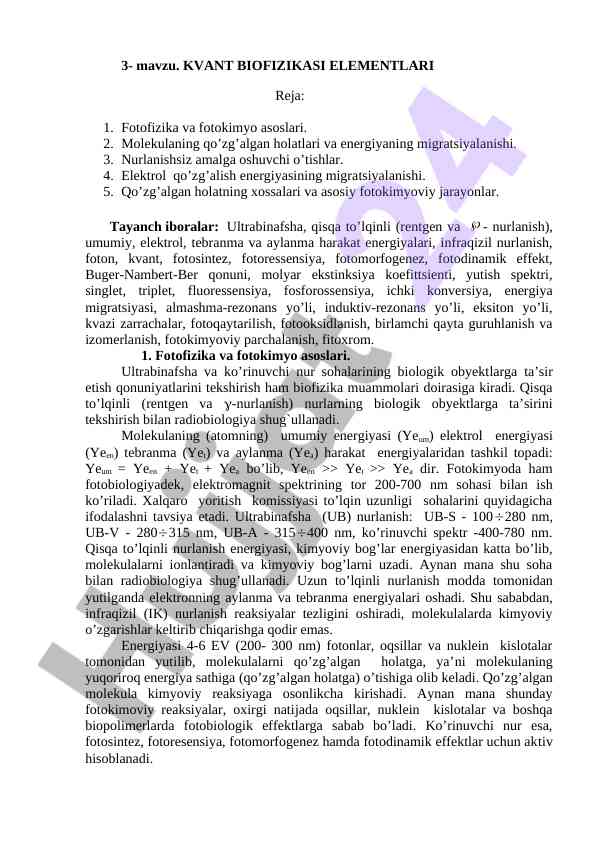 Kvant biofizikasi elementlari asoslari
