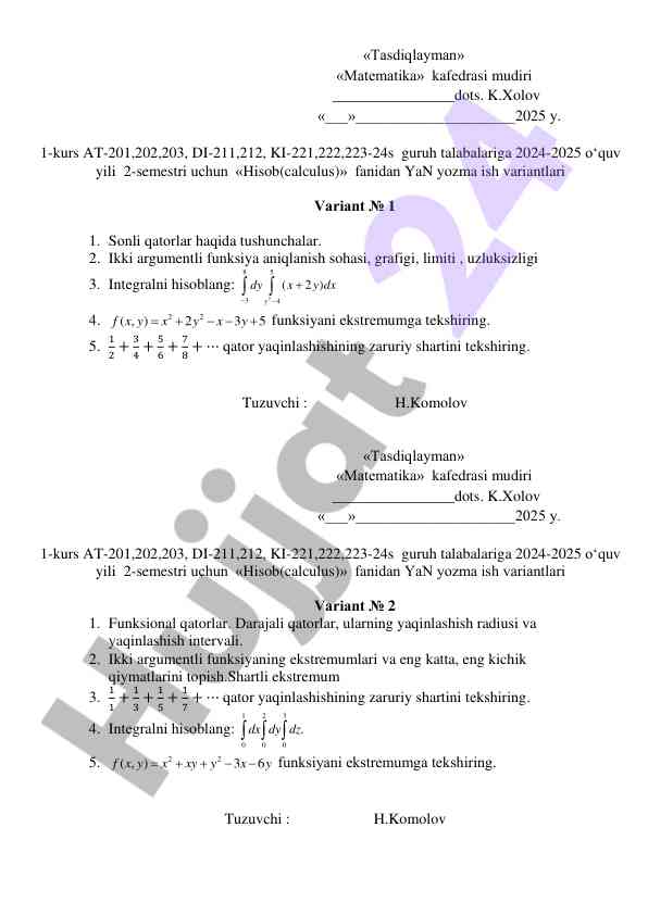 Hisob (calculus) fanidan yazma ish variantlari