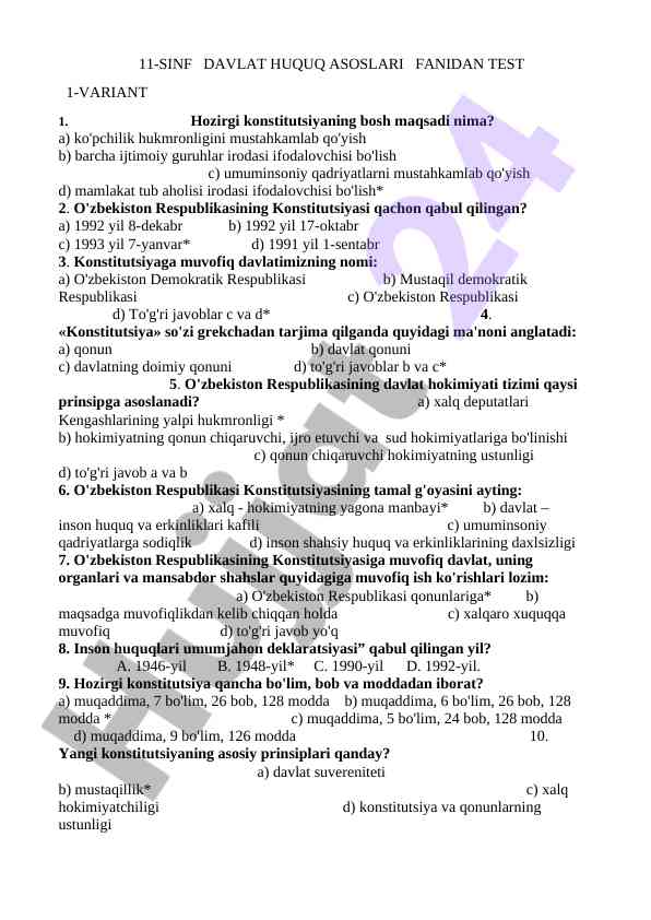 11-sinf davlat huquq asoslari fanidan test variant