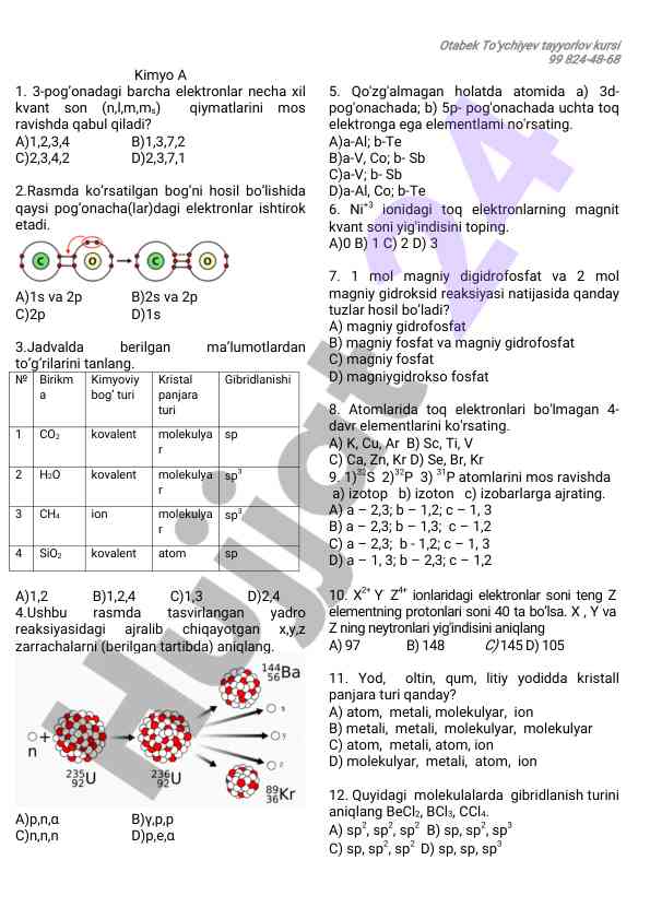 Kimyo fanidan elektronlarning kvant sonlari