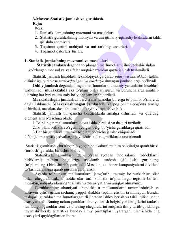 Statistik jamlash va guruhlash tahlili