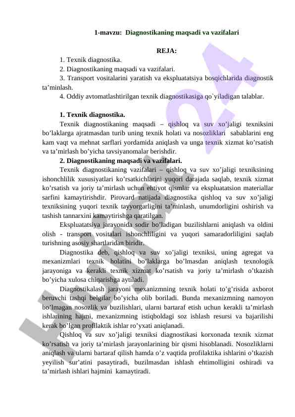 Texnik diagnostika va uning maqsadlari