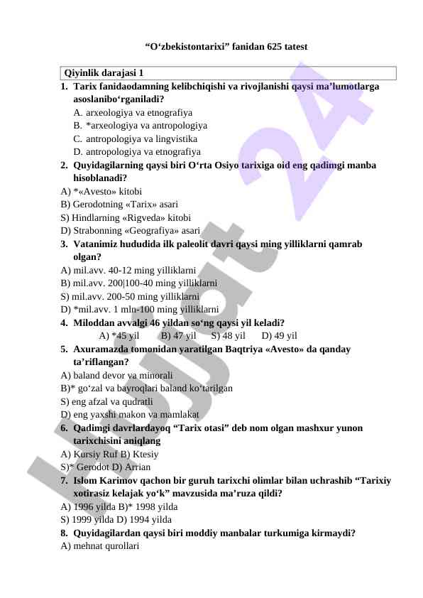 O‘zbek tarixi fanidan 625 test savollari