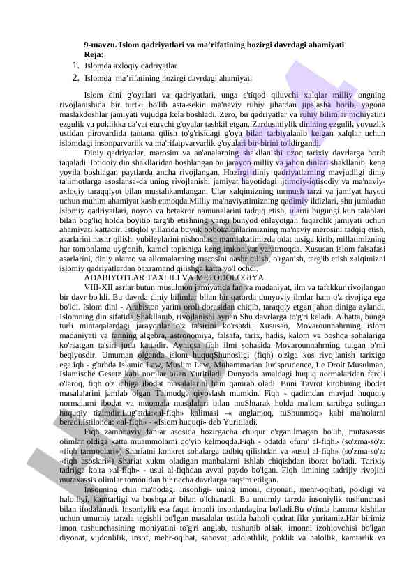 Islom qadriyatlari va ma’rifati hozirgi davrda