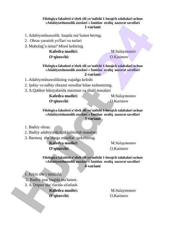 Adabiyotshunoslik asoslari kursi oraliq nazorat savollari