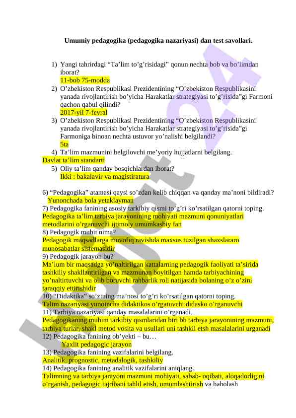 Umumiy pedagogikada test savollari taqdimoti