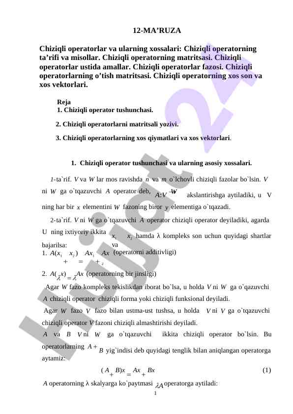 Chiziqli operatorlar va ularning xossalari