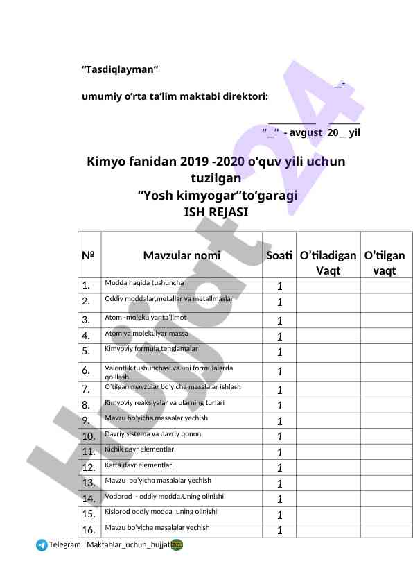 Yosh kimyogar to‘garagi ish rejasi 2019-2020