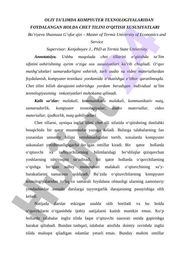 Oliy ta'limda kompjuter texnologiyalarini o'qitish