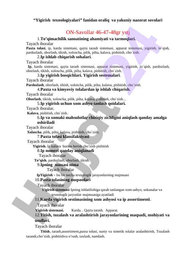 Yigirish texnologiyalari fanidan nazorat savollari