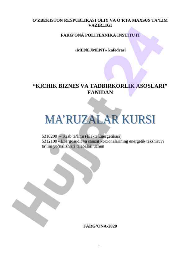 Kichik biznes va tadbirkorlik asoslari ma'ruzalar kursi