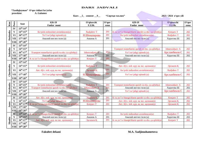 Dars jadvali tasdiqlash 2023/2024 o‘quv yili